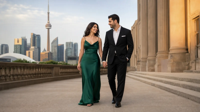 Iranian Canadian couple walking in formal attire with the Toronto skyline during a pre-wedding photoshoot