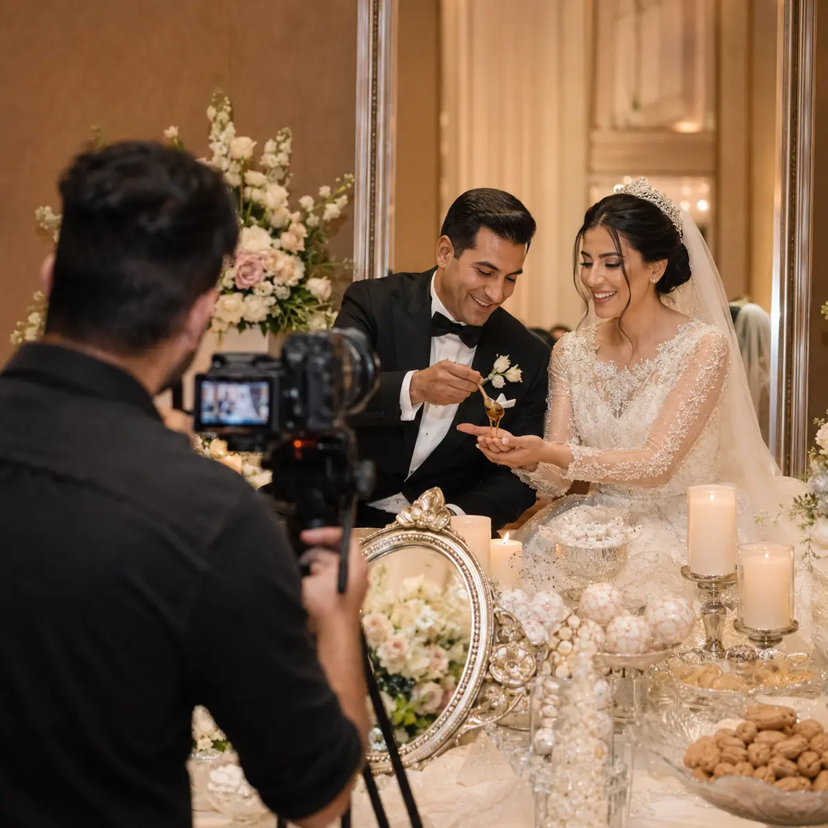 Iranian wedding videographer recording a traditional ceremony beside the Sofreh Aghd