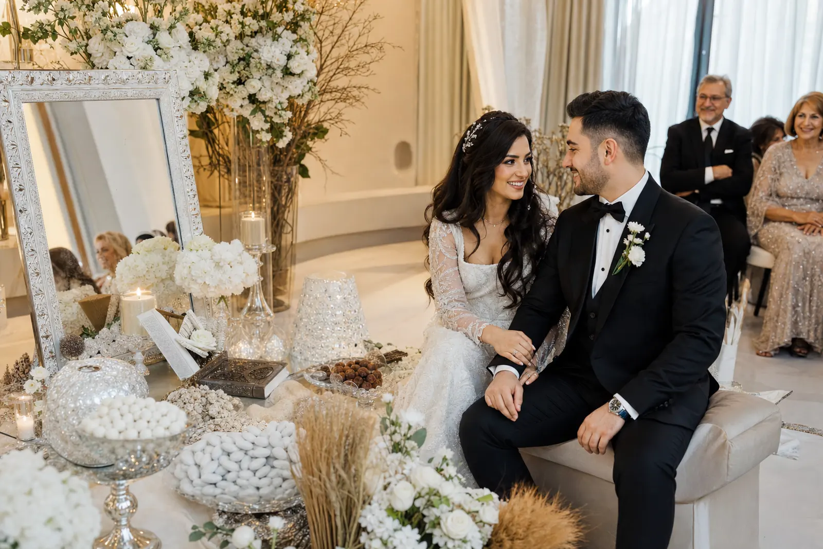 Iranian wedding couple seated at a Sofreh Aghd in Richmond Hill