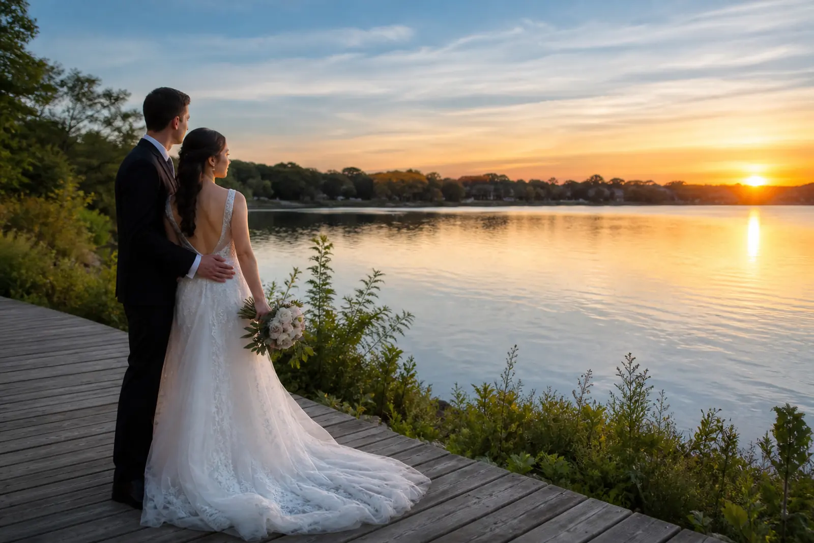 Wedding couple photographed at sunset beside Lake Wilcox in Richmond Hill