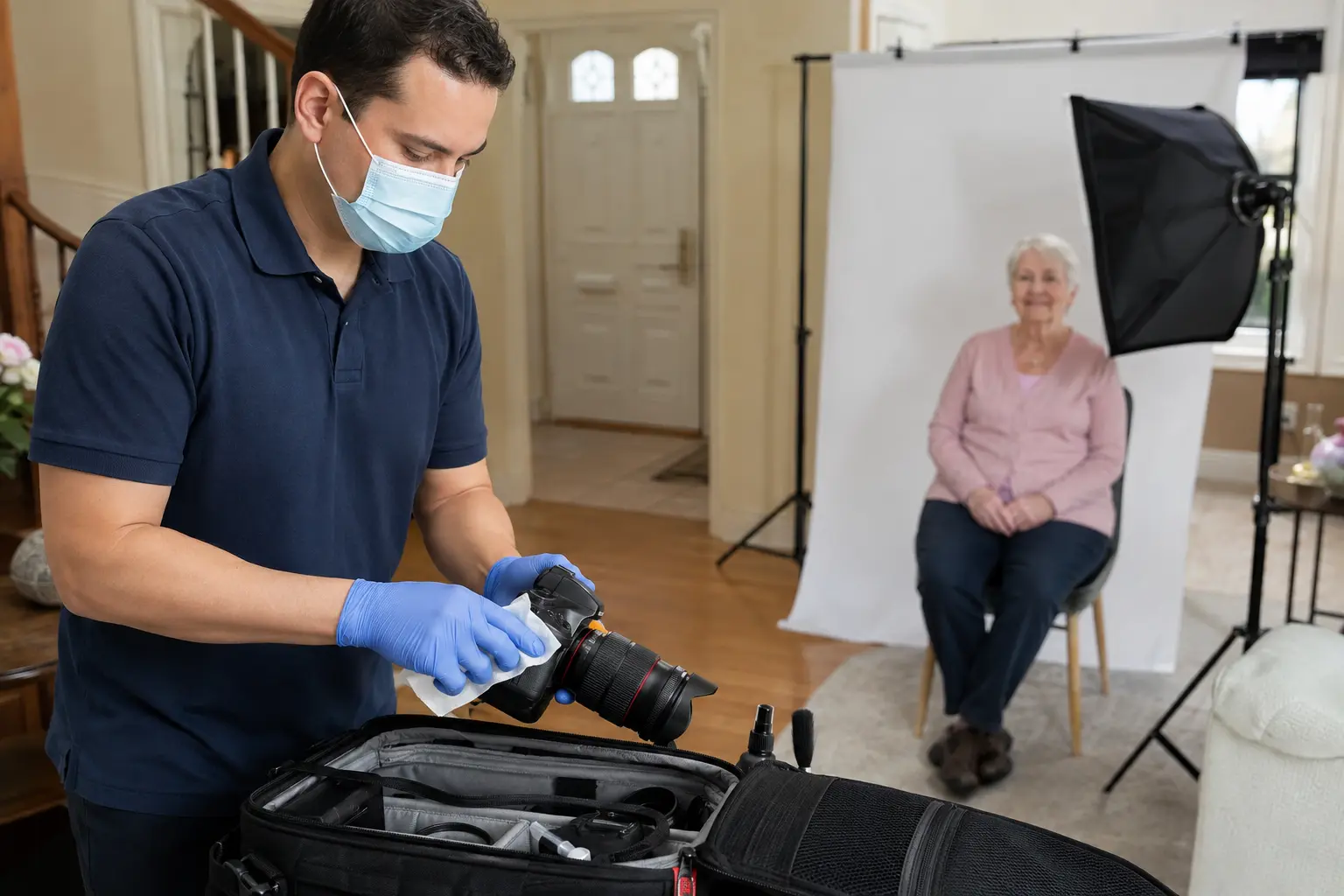 Masked photographer sanitizing equipment before a senior passport photo home visit