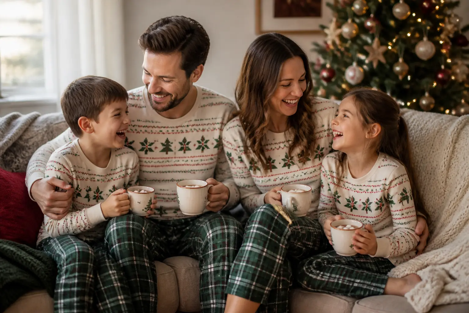 Family wearing matching pajamas for a Christmas photo at home