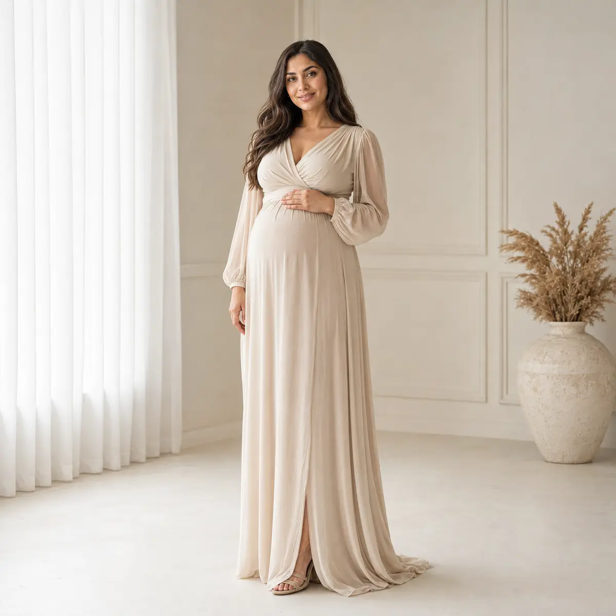 Elegant studio maternity portrait in a beige gown in Markham