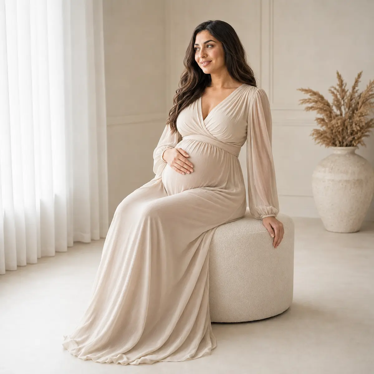 Seated maternity portrait with soft window light in a Markham studio