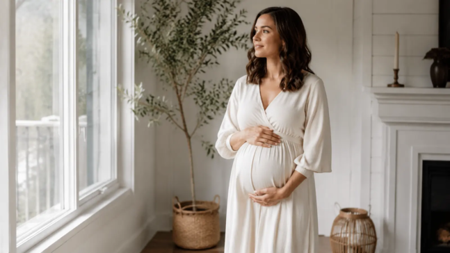 Pregnant woman posing by a window for creative maternity photoshoot ideas at home