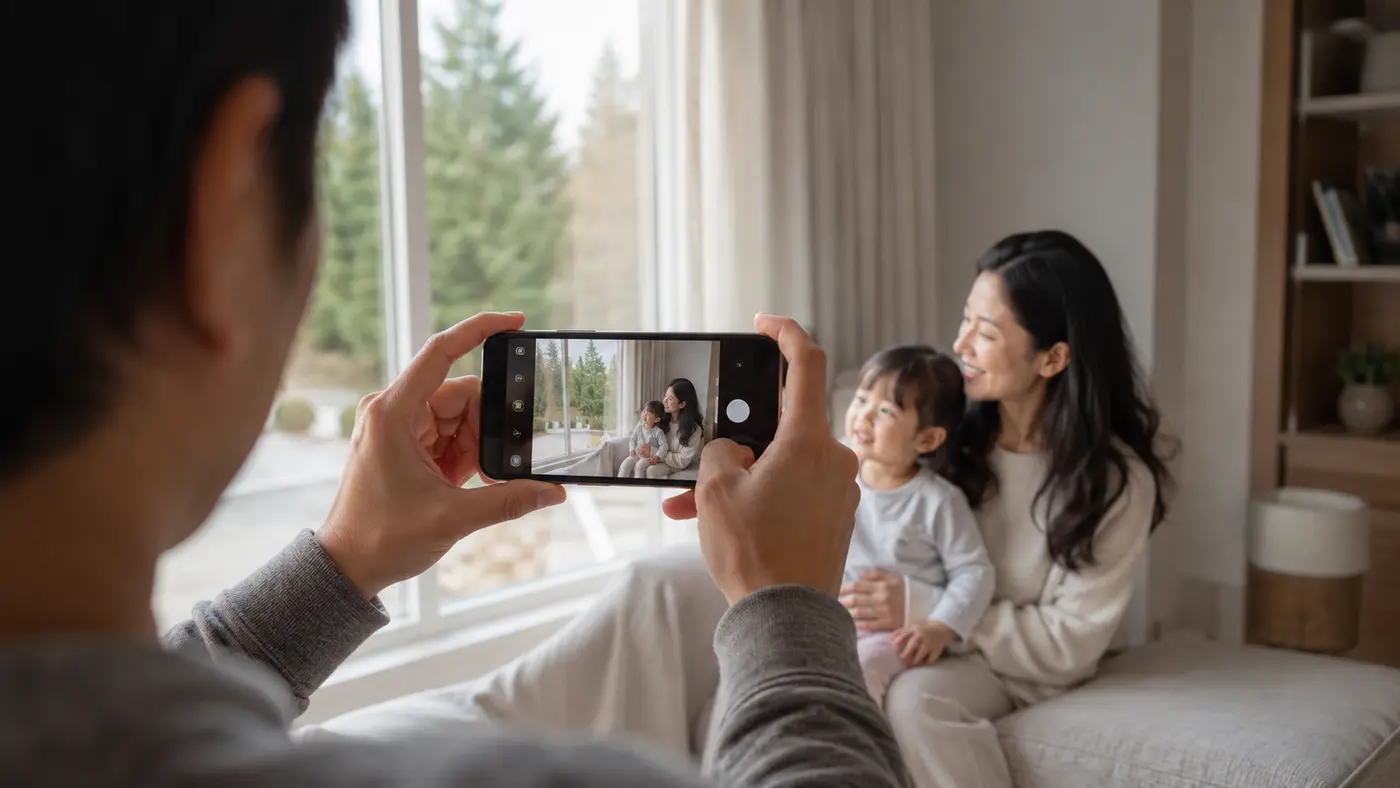 Mobile family photography using soft window light at home