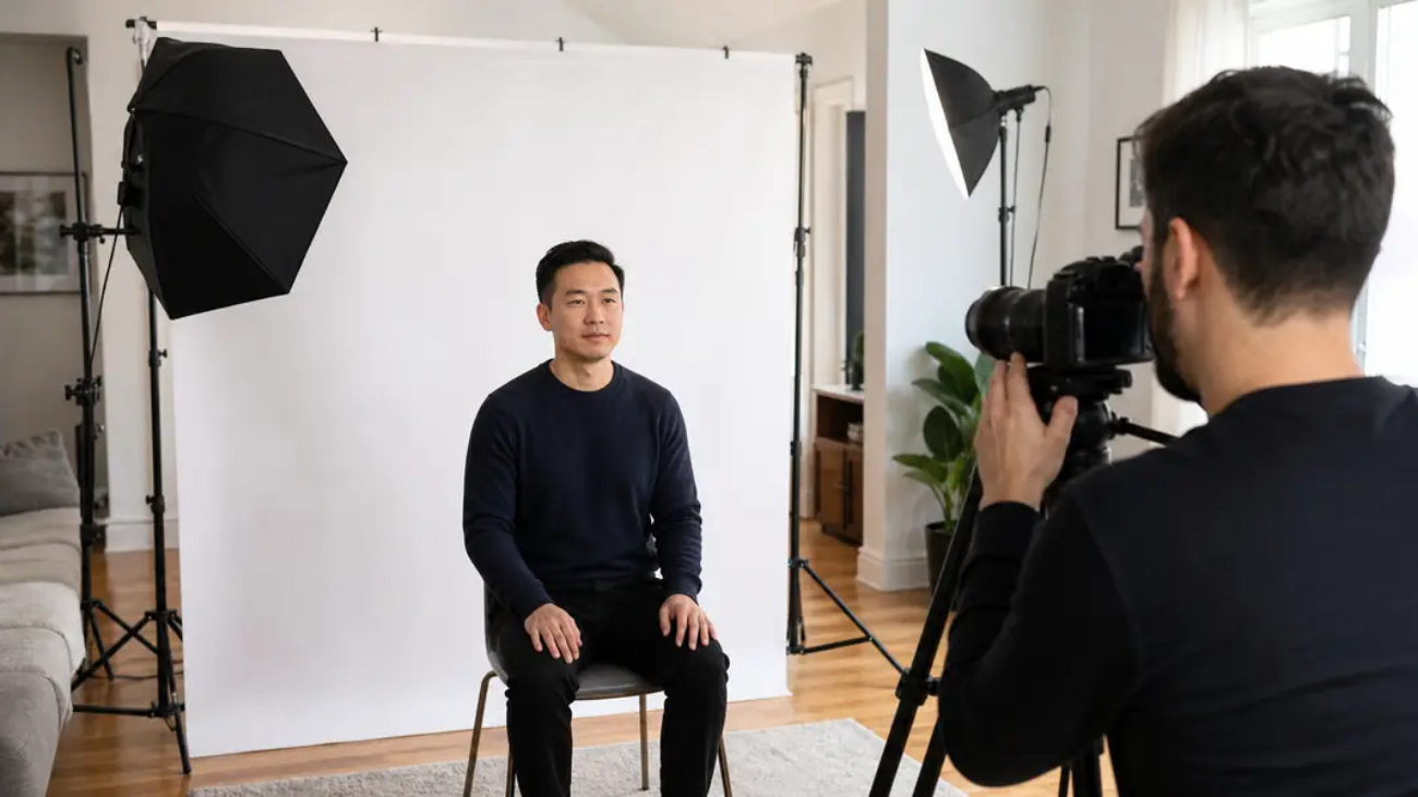 Professional mobile passport photo setup inside a Toronto home