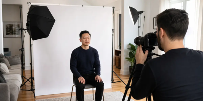 Professional mobile passport photo setup inside a Toronto home