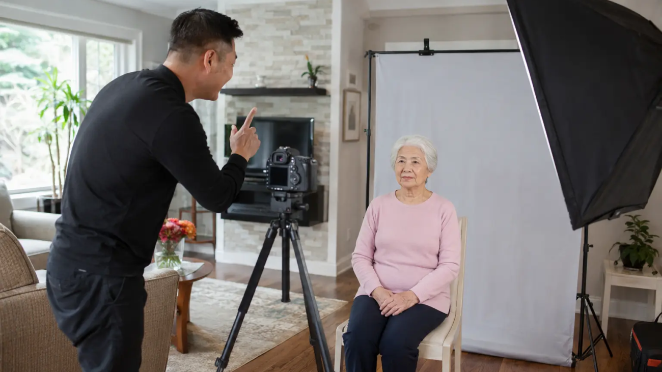Mobile passport photo session for a senior woman at home in Toronto