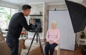 Mobile passport photo session for a senior woman at home in Toronto
