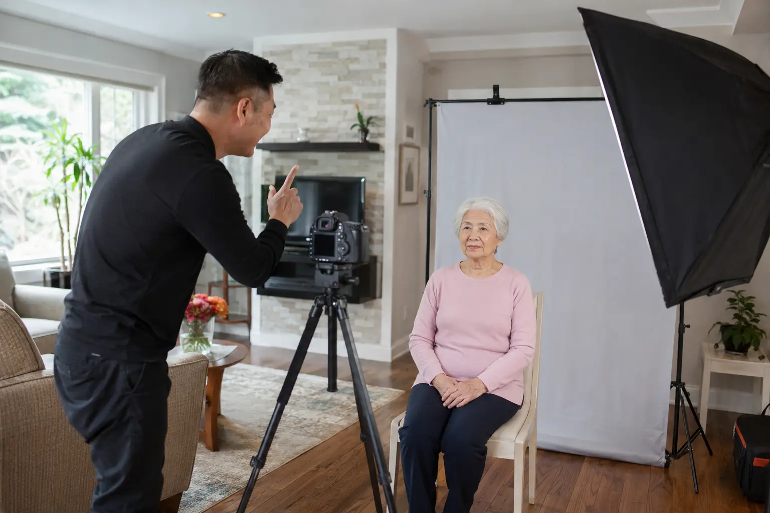 Mobile passport photo session for a senior woman at home in Toronto