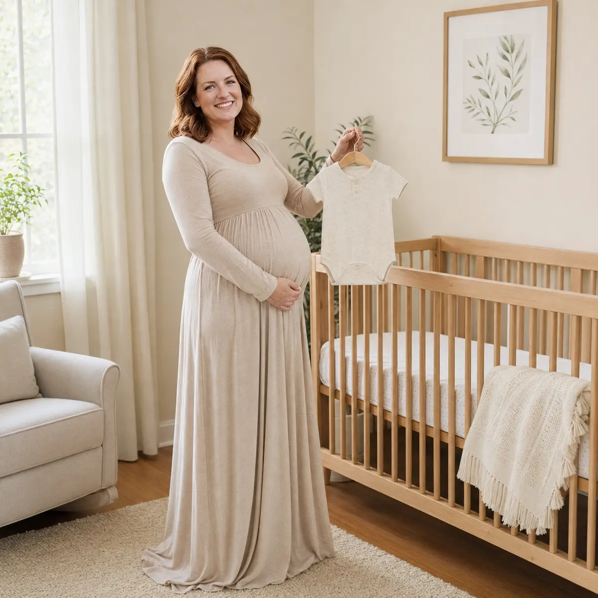 Lifestyle maternity portrait in a neutral nursery in Markham
