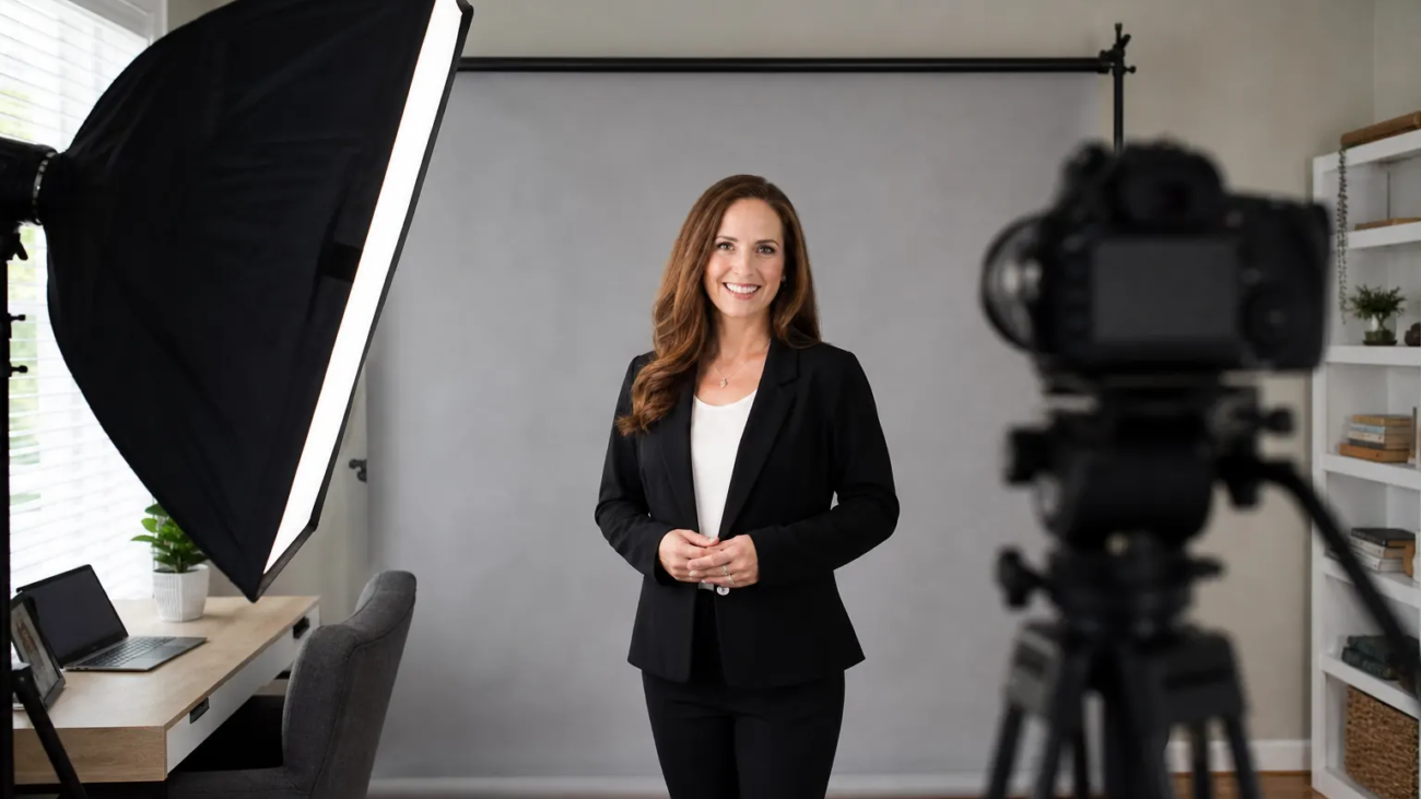 Portable lighting and camera setup for an on-location professional headshot session