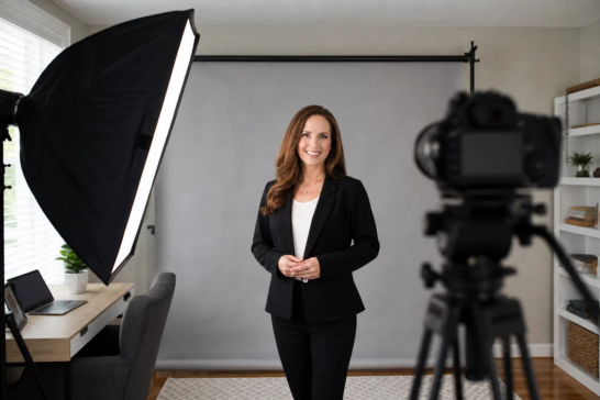 Portable lighting and camera setup for an on-location professional headshot session