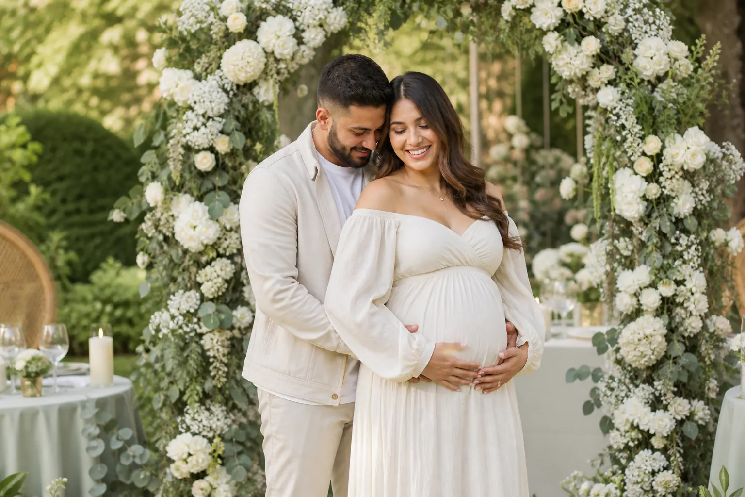 Expecting couple posing at an outdoor baby shower venue in the GTA
