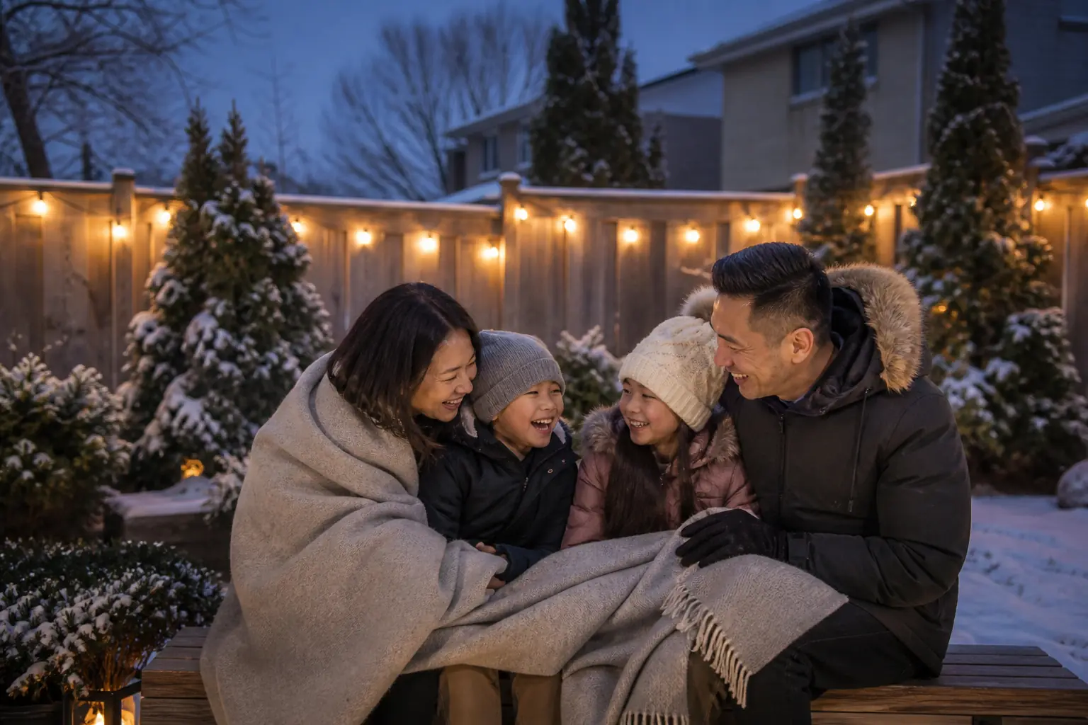 Family posing for an outdoor Christmas photo in a snowy GTA backyard