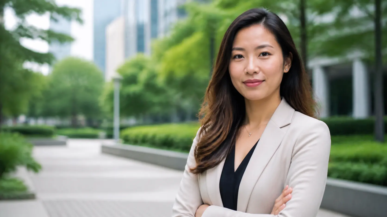 Professional outdoor business headshot in a modern Toronto park setting
