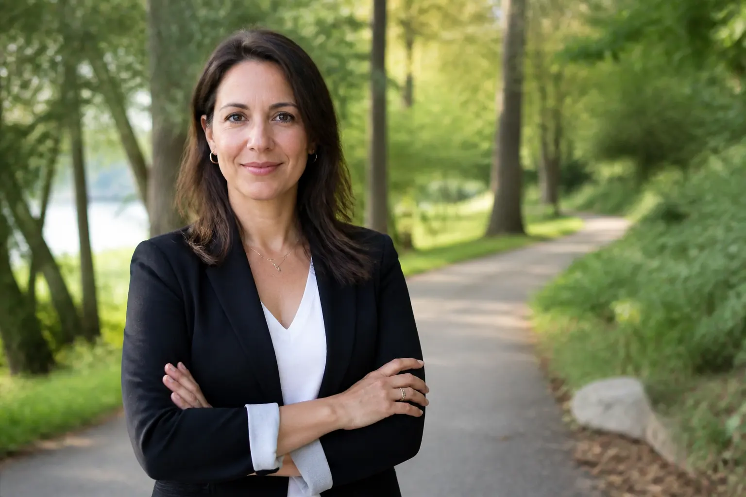 Outdoor personal branding headshot in a leafy GTA park