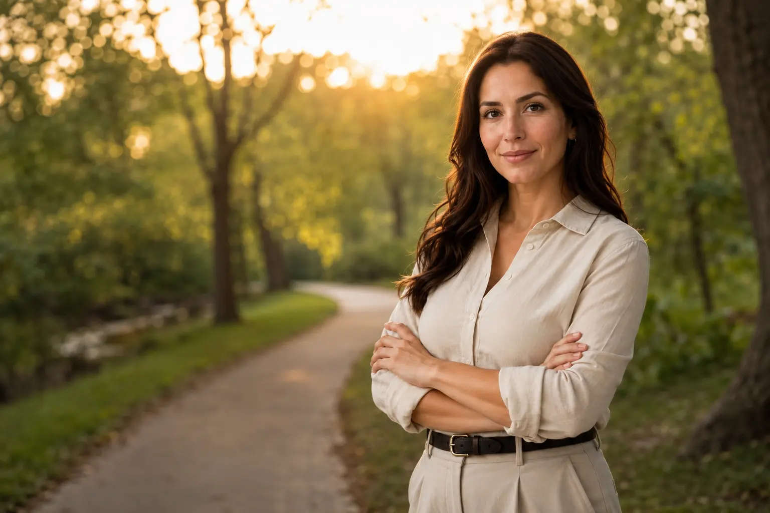 Outdoor portrait composition using golden hour light and leading lines