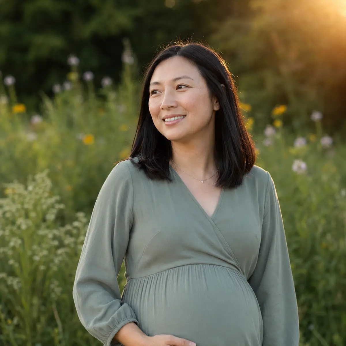 Close outdoor pregnancy portrait among wildflowers in Stouffville