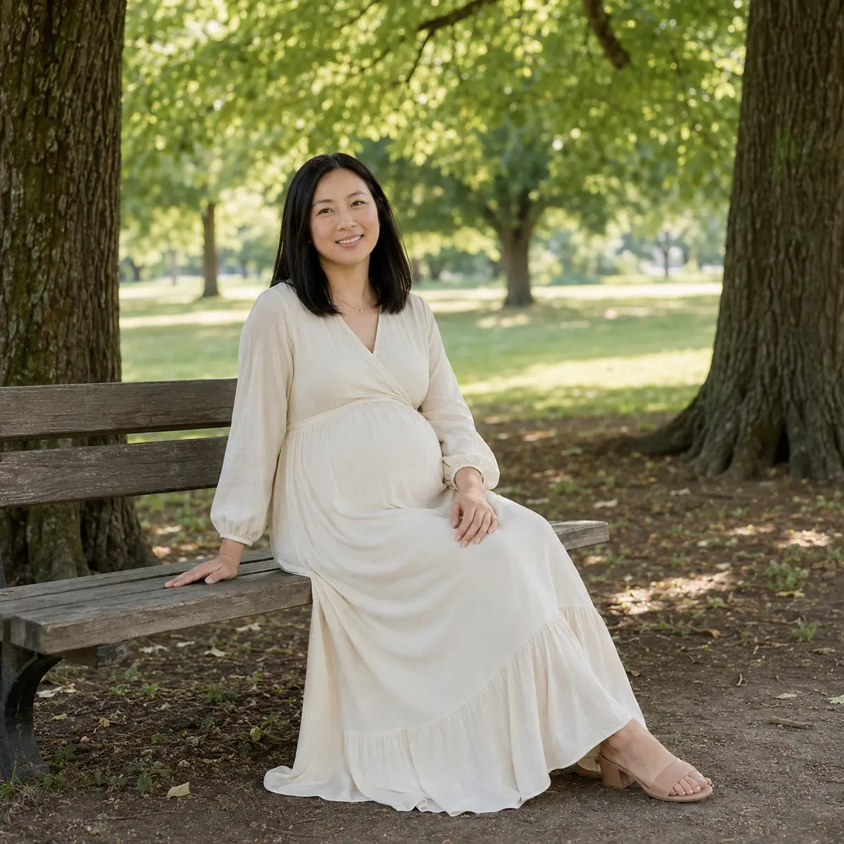 Seated outdoor maternity portrait in a Stouffville park