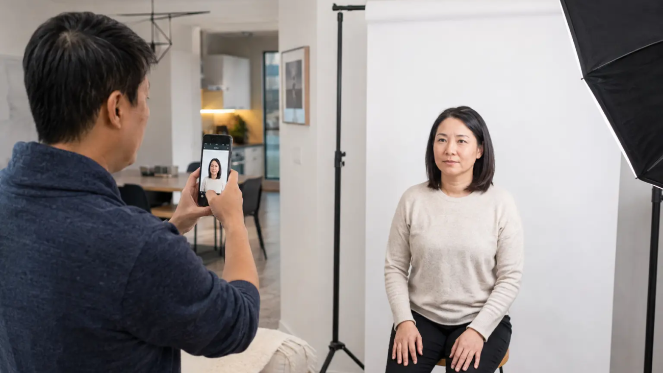 Passport photo at home in Canada with a professional lighting setup