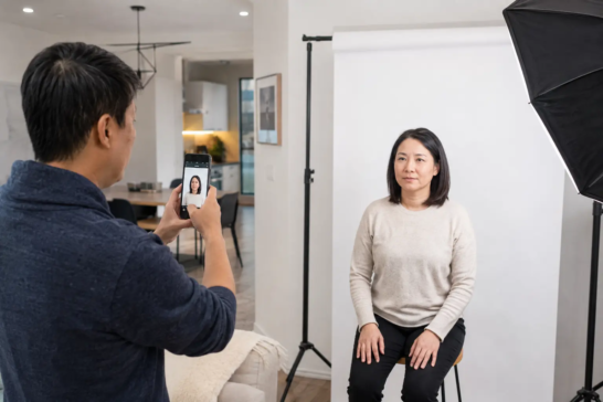 Passport photo at home in Canada with a professional lighting setup