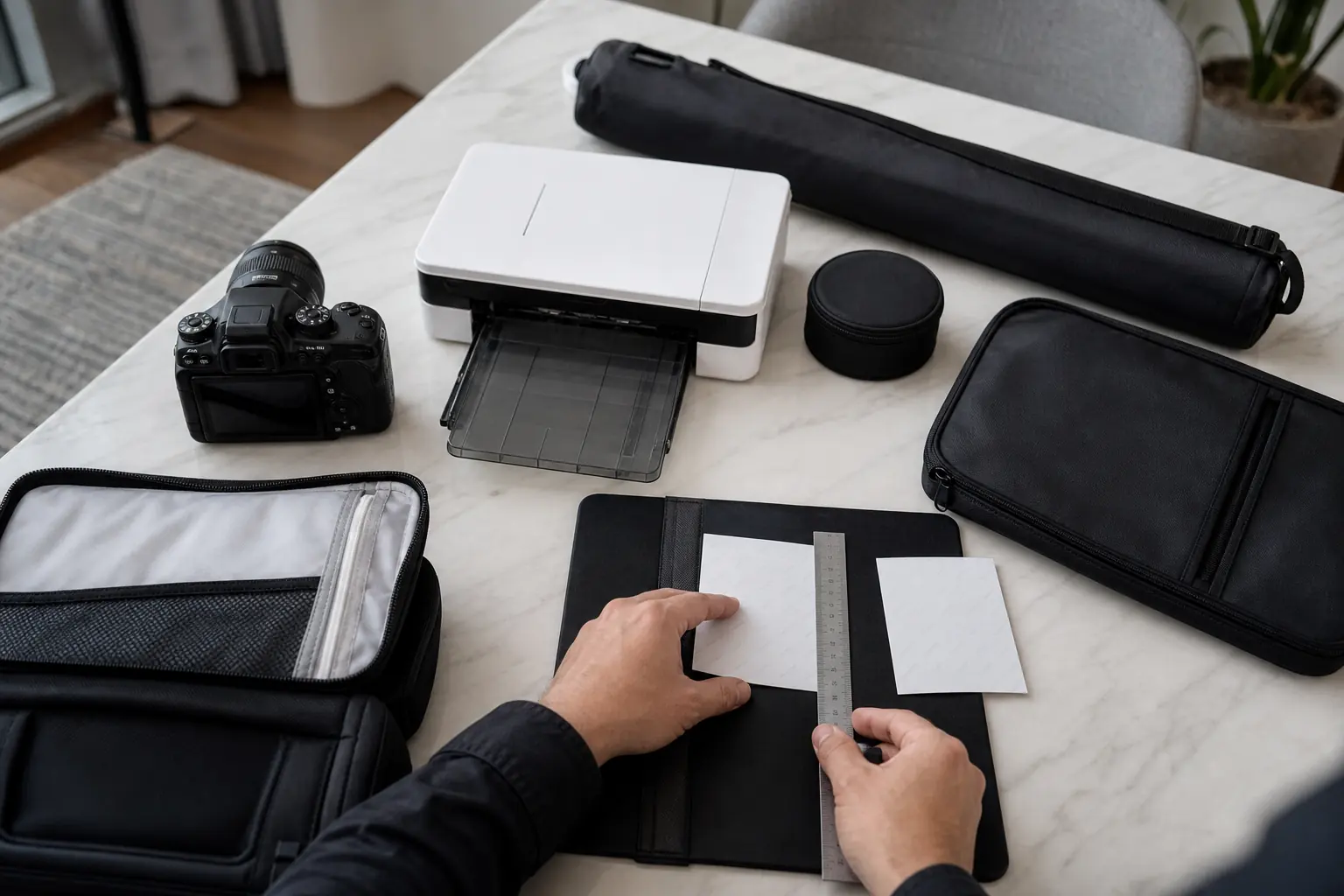 Professional camera printer and measuring tools used for mobile passport photos