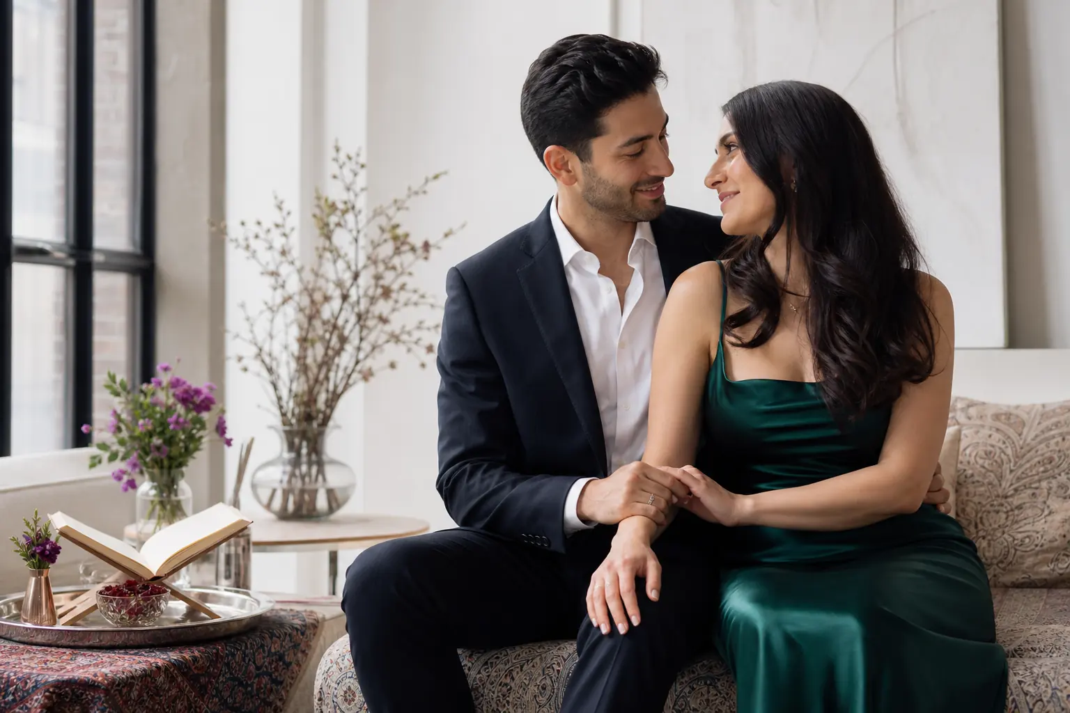 Iranian Canadian couple during an elegant Persian pre-wedding portrait session in Toronto