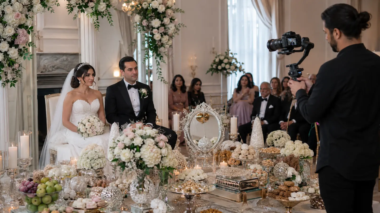 Persian wedding videographer filming an Iranian couple beside a Sofreh Aghd in Toronto