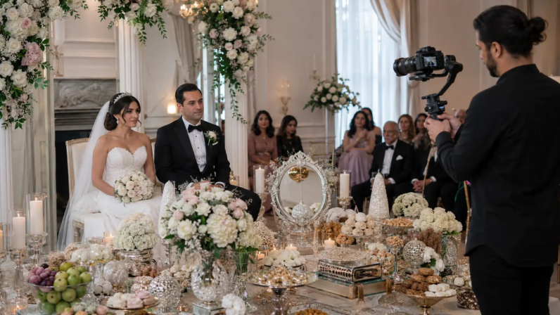 Persian wedding videographer filming an Iranian couple beside a Sofreh Aghd in Toronto