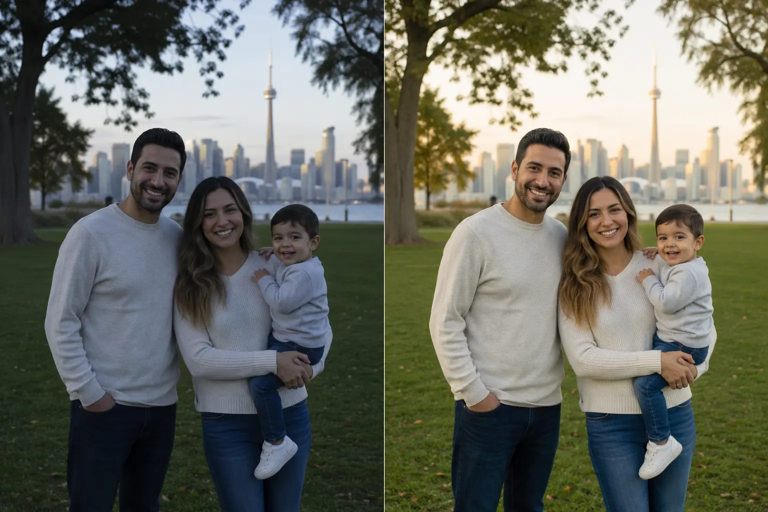 Before and after professional photo editing comparison of a Toronto family portrait