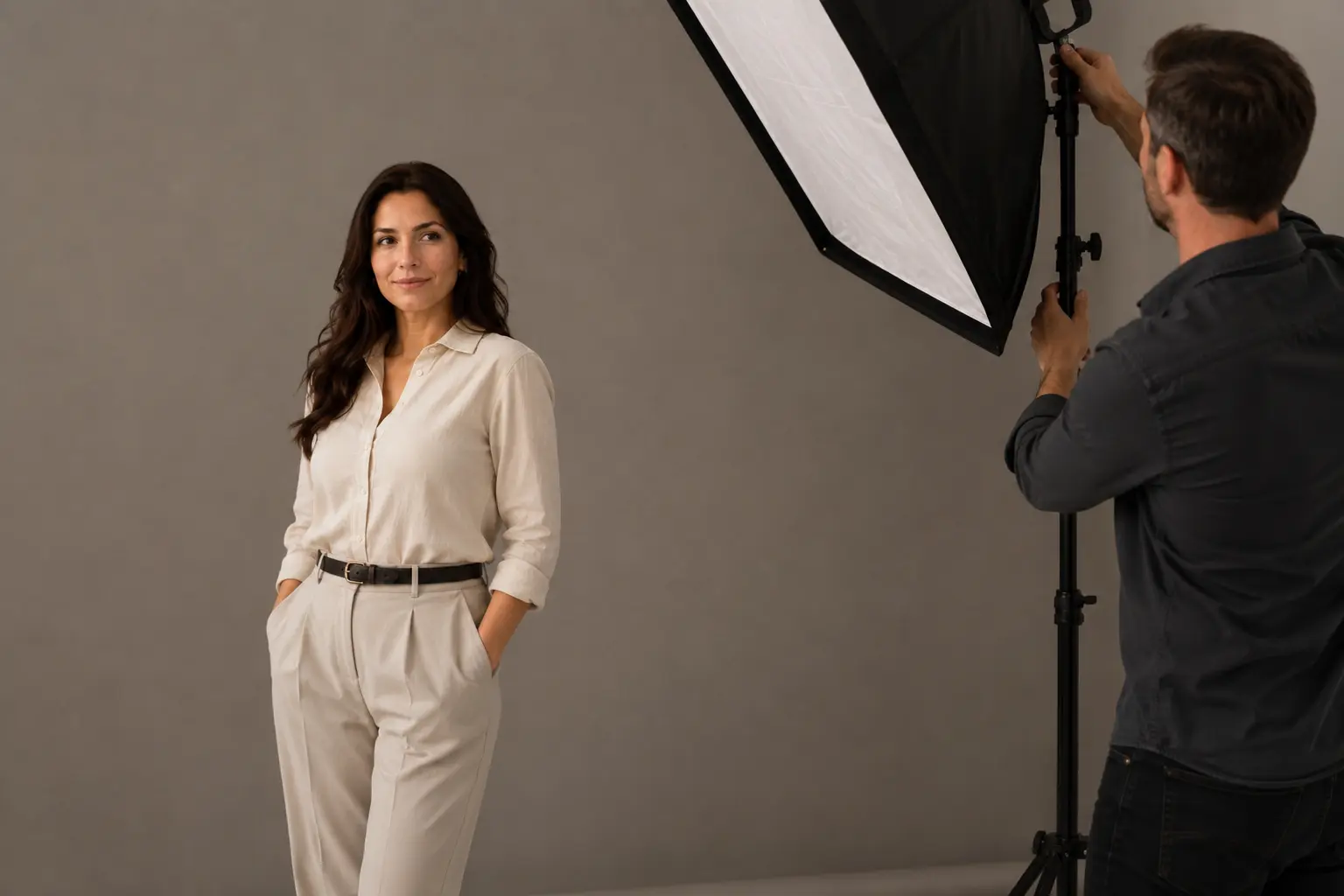 Portrait lighting setup with a large softbox positioned at 45 degrees