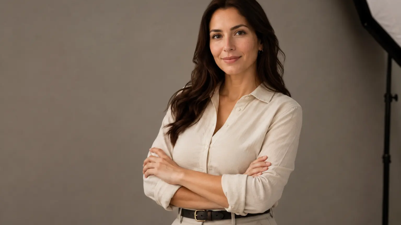 Portrait photography techniques demonstrated with soft studio lighting and natural posing