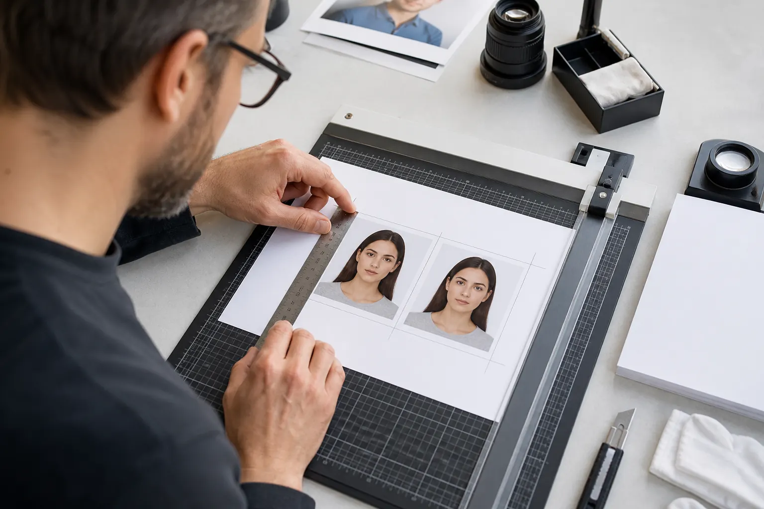 Photographer checking the dimensions of printed Canadian passport photos