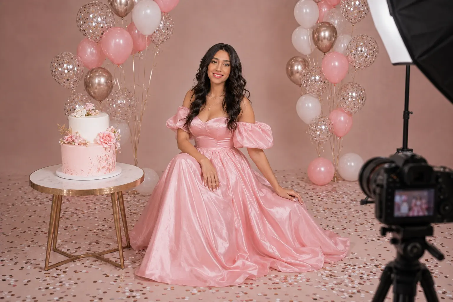 Professional birthday photography studio setup in Toronto with camera, softbox and balloon backdrop