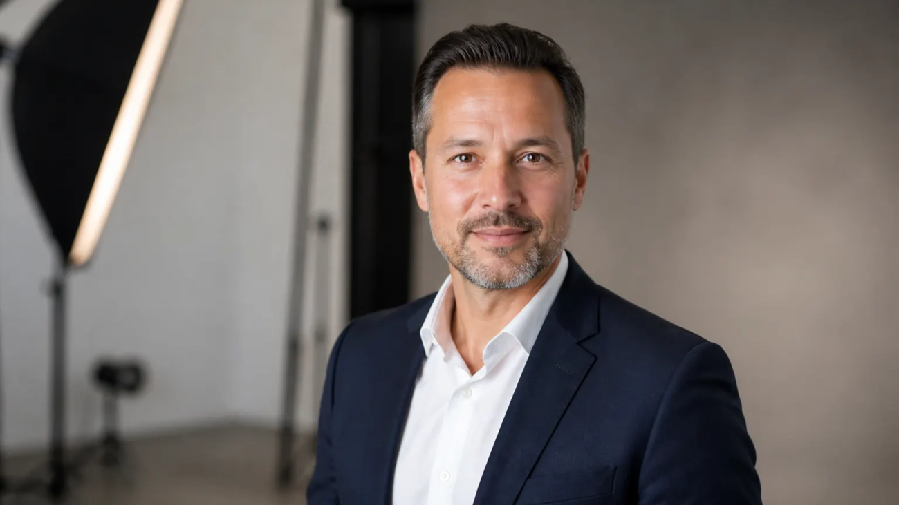 Professional headshot photographed in a modern studio for Richmond Hill and North York clients