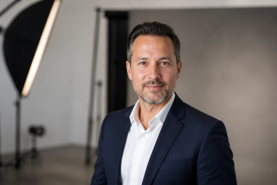 Professional headshot photographed in a modern studio for Richmond Hill and North York clients