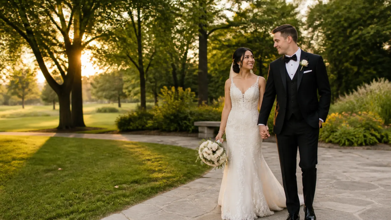 Wedding couple walking through a Richmond Hill garden during golden hour