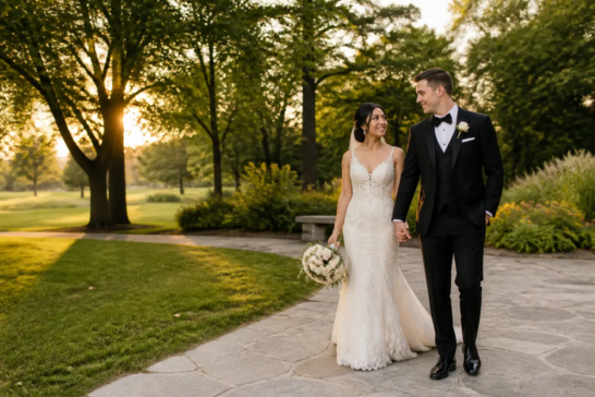 Wedding couple walking through a Richmond Hill garden during golden hour