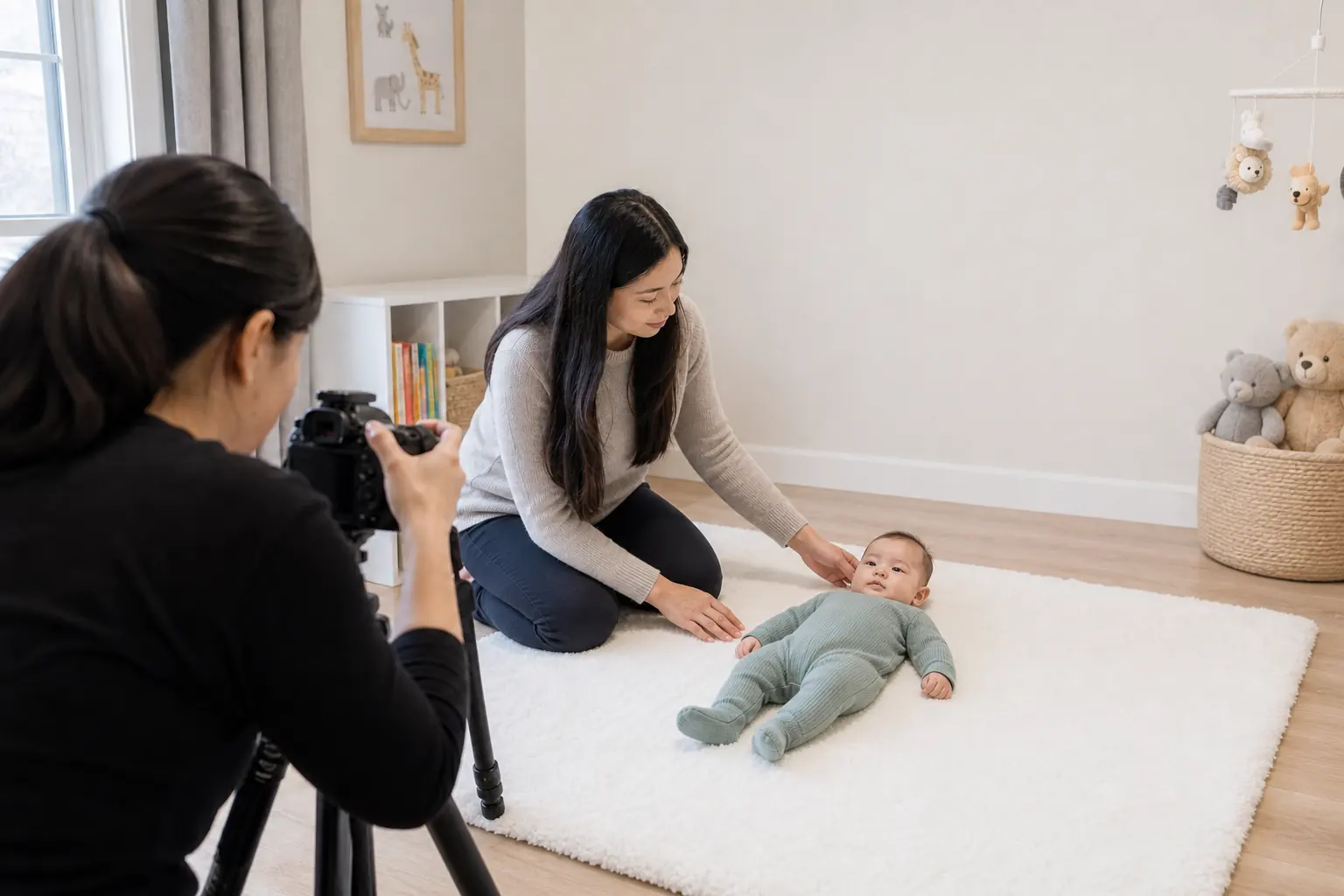 Parent assisting during a baby passport photo session at home in Toronto