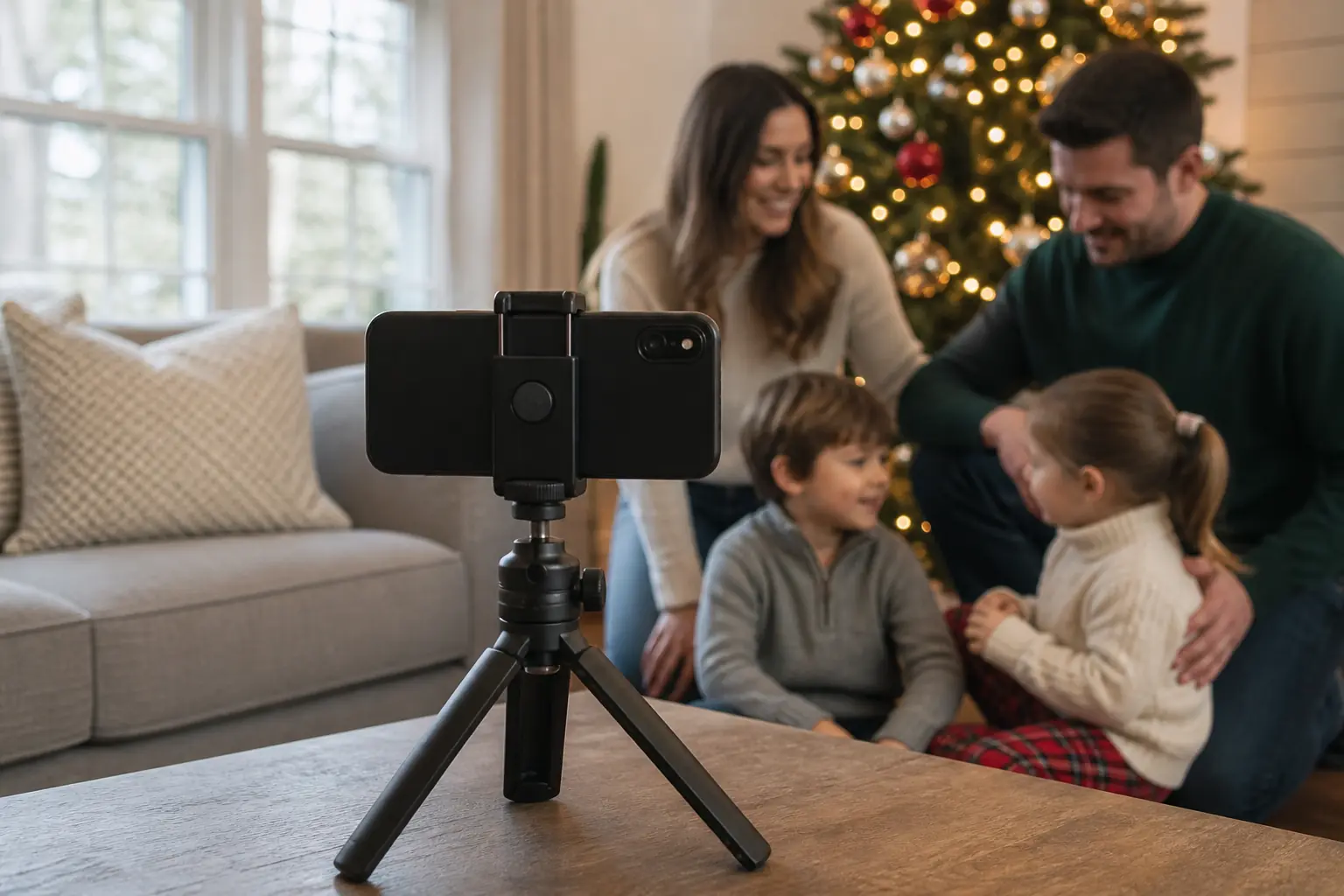 Smartphone and tripod setup for taking a Christmas family photo at home