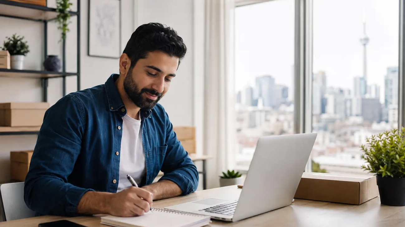 Entrepreneur starting an online business from a home office in Toronto