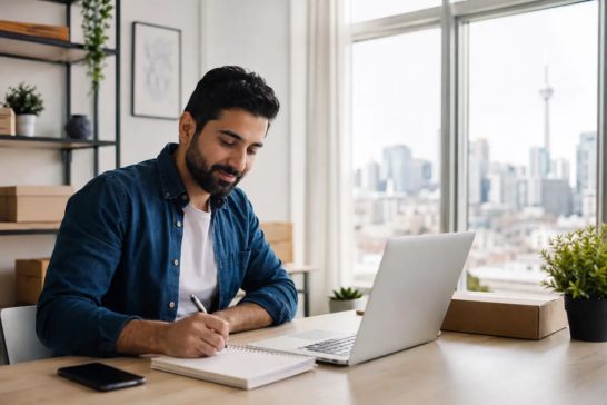 Entrepreneur starting an online business from a home office in Toronto