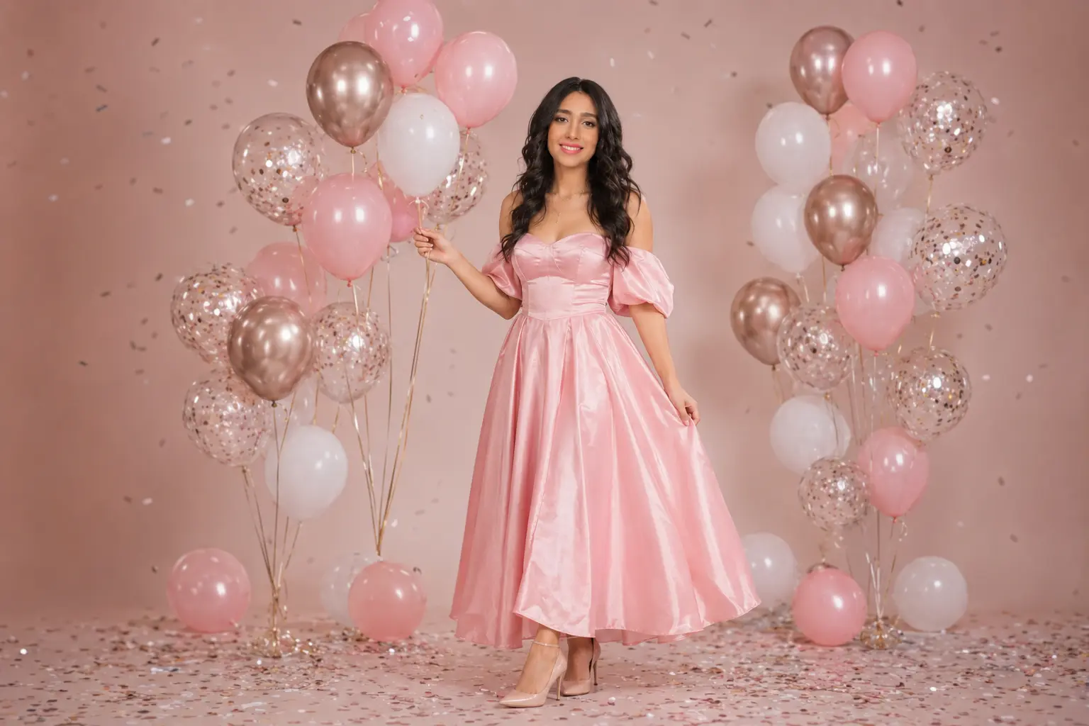 Full-length studio birthday portrait in Toronto with coordinated pink and silver balloons