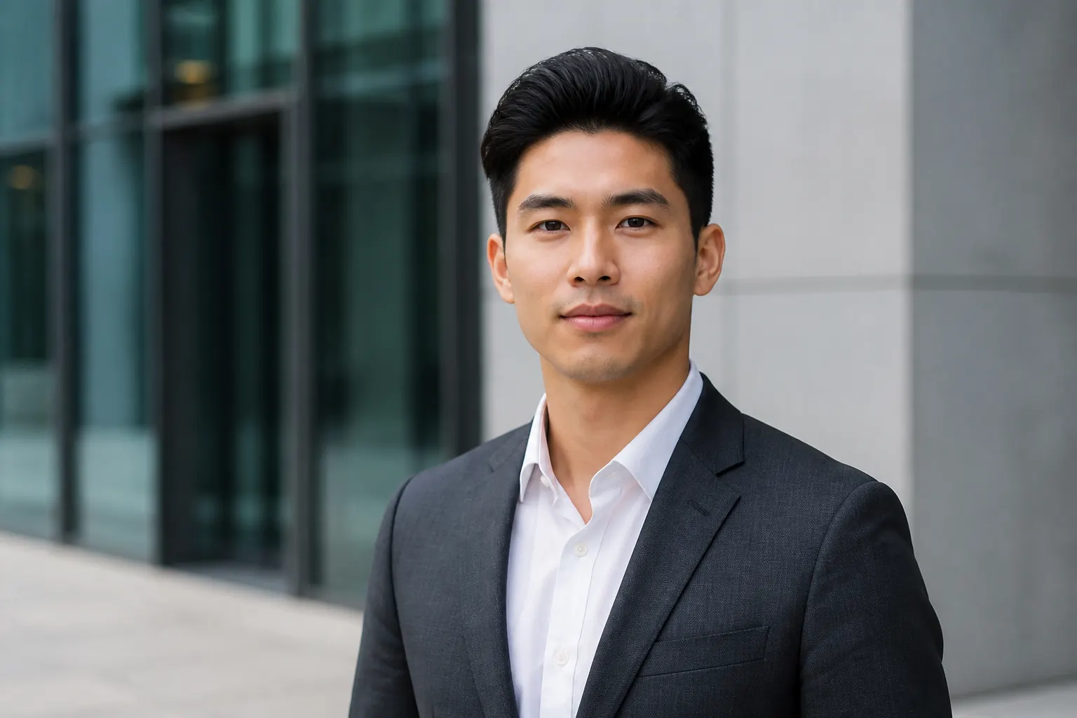 Urban professional headshot near modern architecture in North York