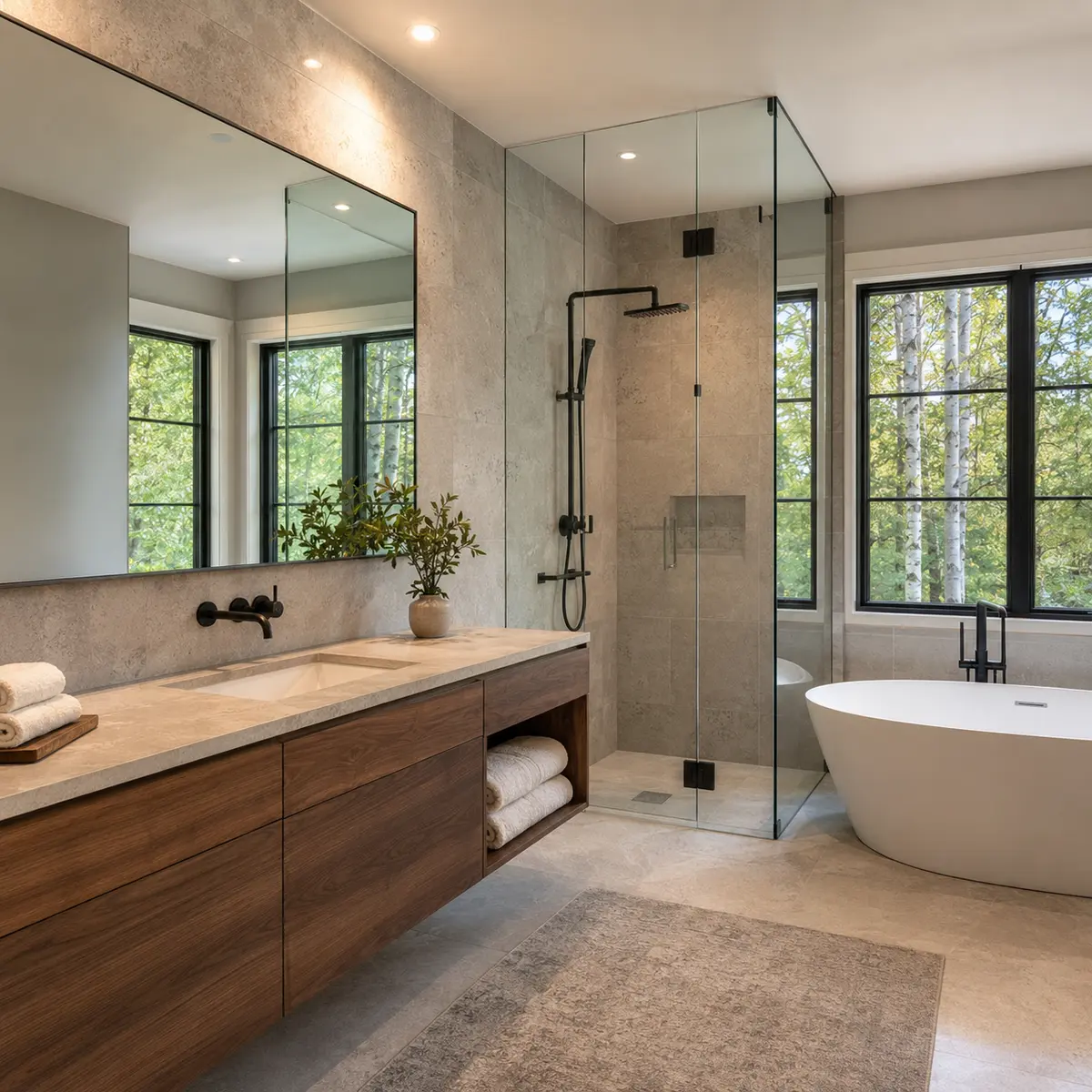 Stone and walnut bathroom photographed with bright natural window light