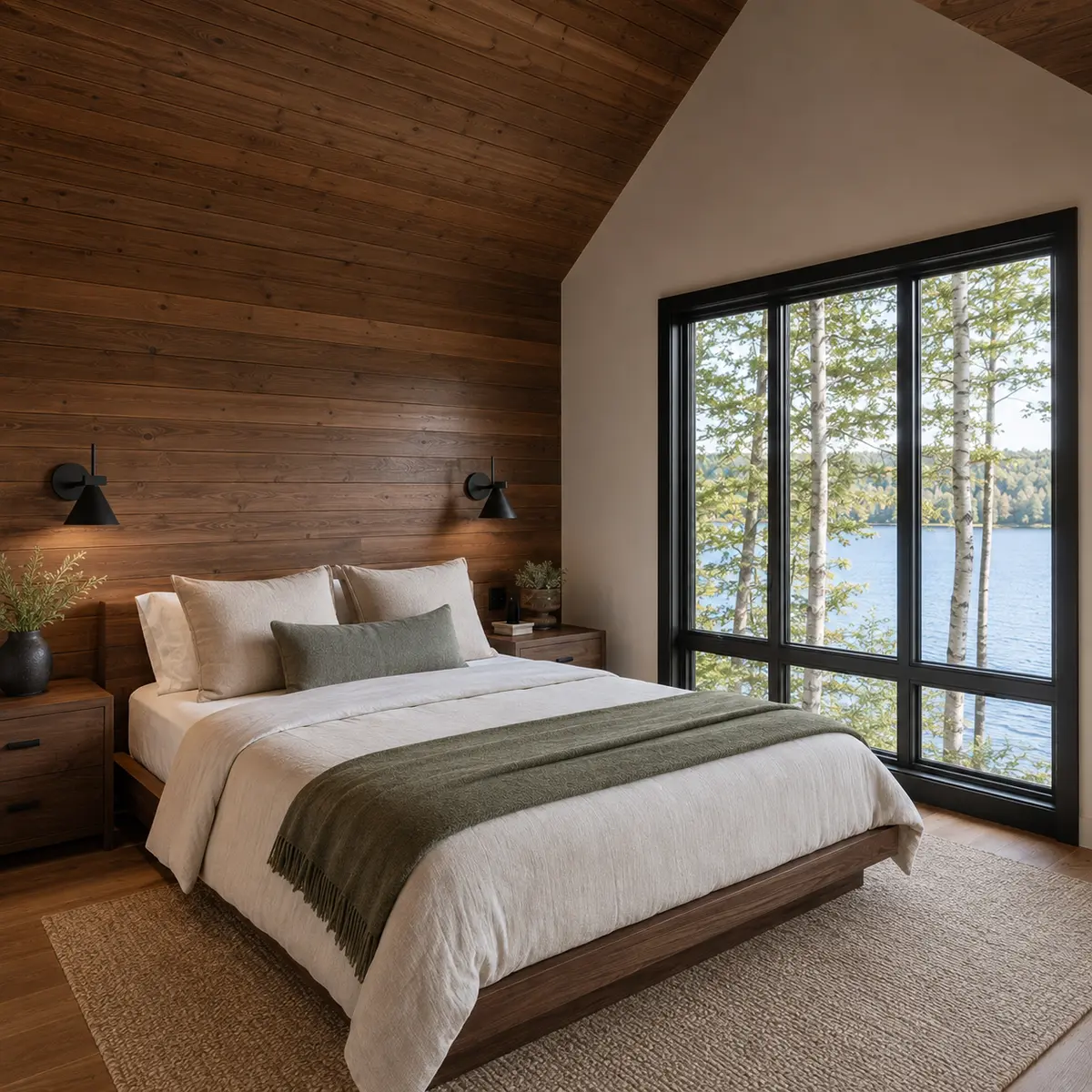 Lake-view primary bedroom with warm wood finishes and soft linen bedding