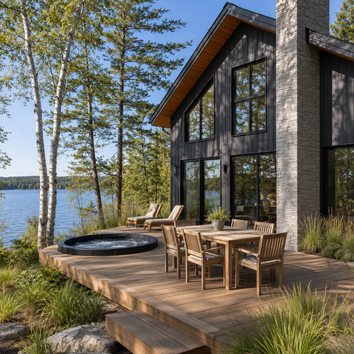 Lake house deck with dining space and hot tub photographed in daylight