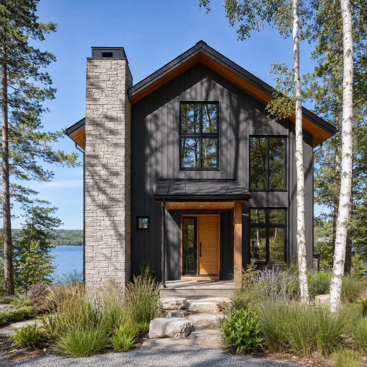 Charcoal Ontario lake house exterior photographed for a vacation rental listing